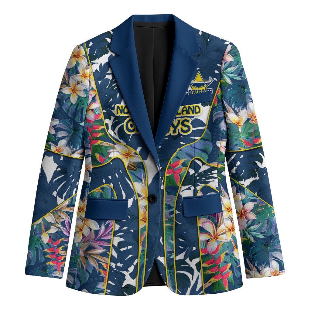North Queensland Cowboys Blazer Tropical Hibiscus Floral Pattern With Blue And Yellow Accents