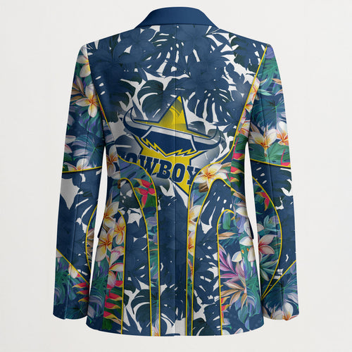 North Queensland Cowboys Blazer Tropical Hibiscus Floral Pattern With Blue And Yellow Accents