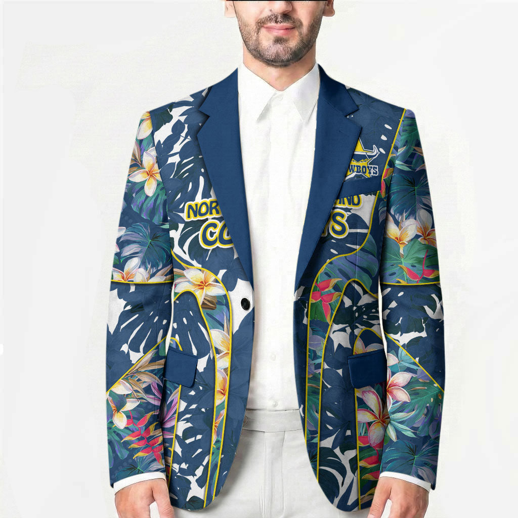 North Queensland Cowboys Blazer Tropical Hibiscus Floral Pattern With Blue And Yellow Accents