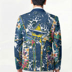 North Queensland Cowboys Blazer Tropical Hibiscus Floral Pattern With Blue And Yellow Accents