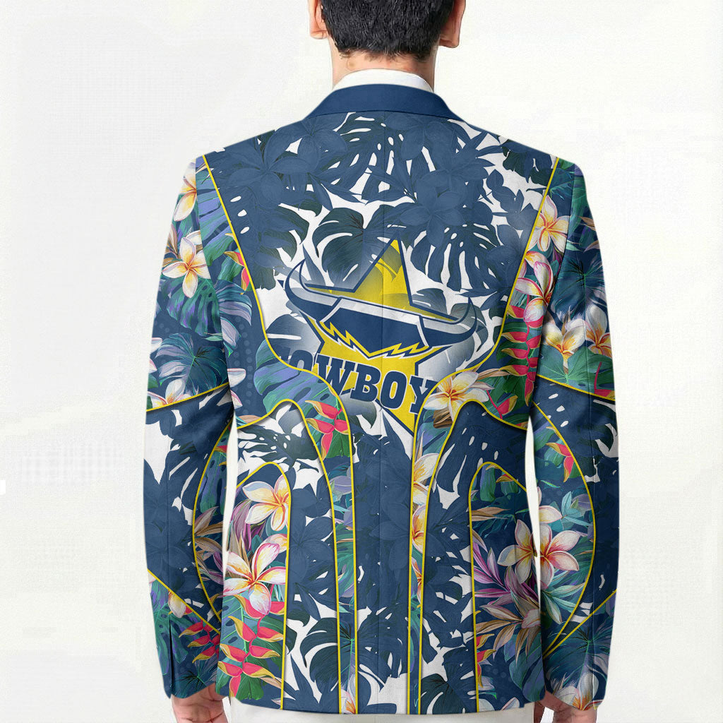 North Queensland Cowboys Blazer Tropical Hibiscus Floral Pattern With Blue And Yellow Accents