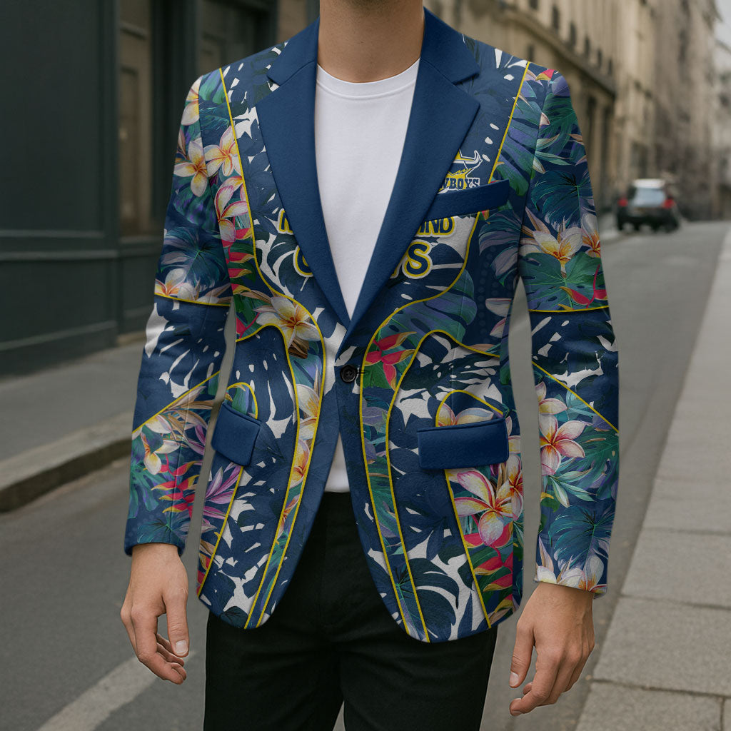 North Queensland Cowboys Blazer Tropical Hibiscus Floral Pattern With Blue And Yellow Accents