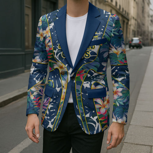 North Queensland Cowboys Blazer Tropical Hibiscus Floral Pattern With Blue And Yellow Accents