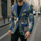 North Queensland Cowboys Blazer Tropical Hibiscus Floral Pattern With Blue And Yellow Accents