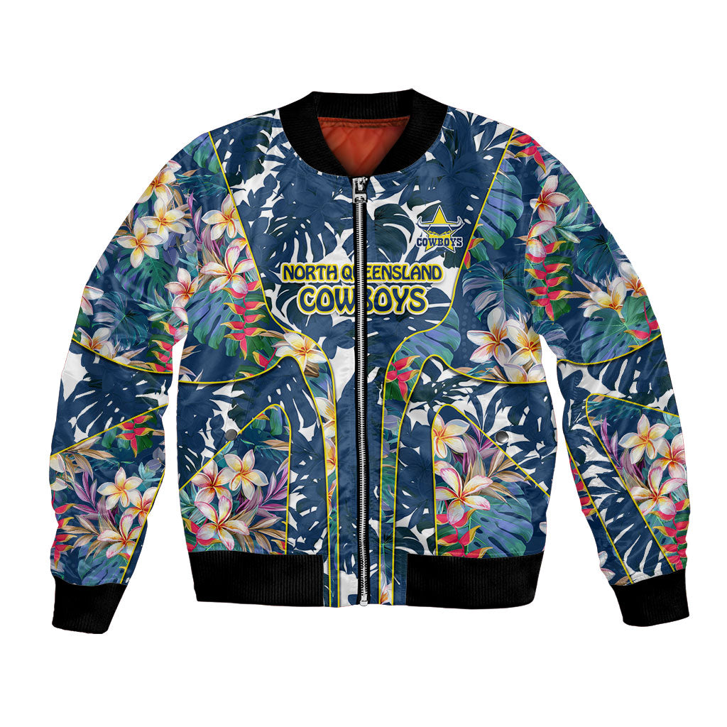 North Queensland Cowboys Bomber Jacket Tropical Hibiscus Floral Pattern With Blue And Yellow Accents