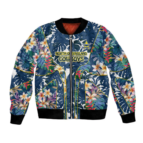 North Queensland Cowboys Bomber Jacket Tropical Hibiscus Floral Pattern With Blue And Yellow Accents