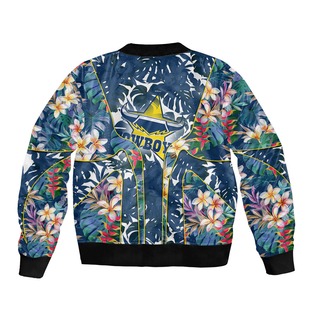 North Queensland Cowboys Bomber Jacket Tropical Hibiscus Floral Pattern With Blue And Yellow Accents