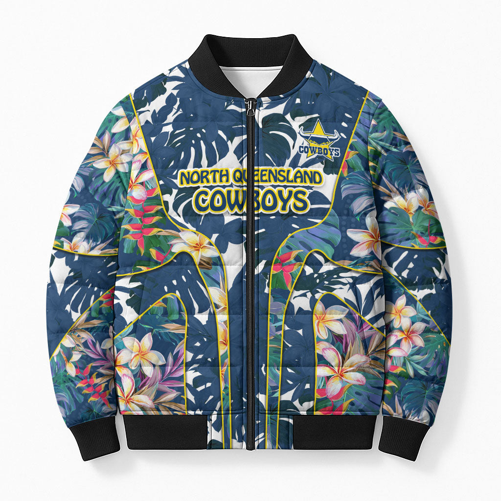 North Queensland Cowboys Bomber Puffer Jacket Tropical Hibiscus Floral Pattern With Blue And Yellow Accents