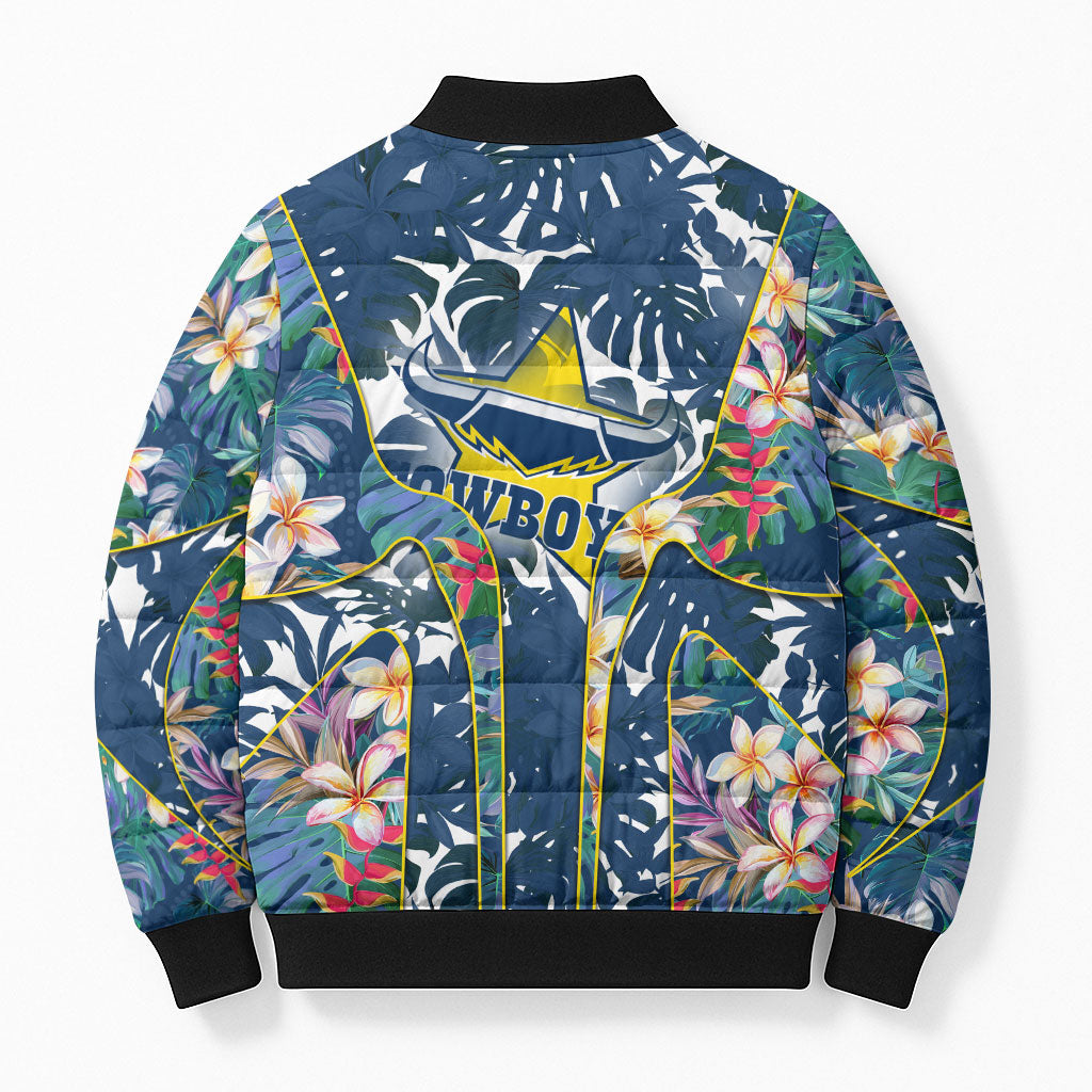 North Queensland Cowboys Bomber Puffer Jacket Tropical Hibiscus Floral Pattern With Blue And Yellow Accents