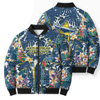 North Queensland Cowboys Bomber Puffer Jacket Tropical Hibiscus Floral Pattern With Blue And Yellow Accents