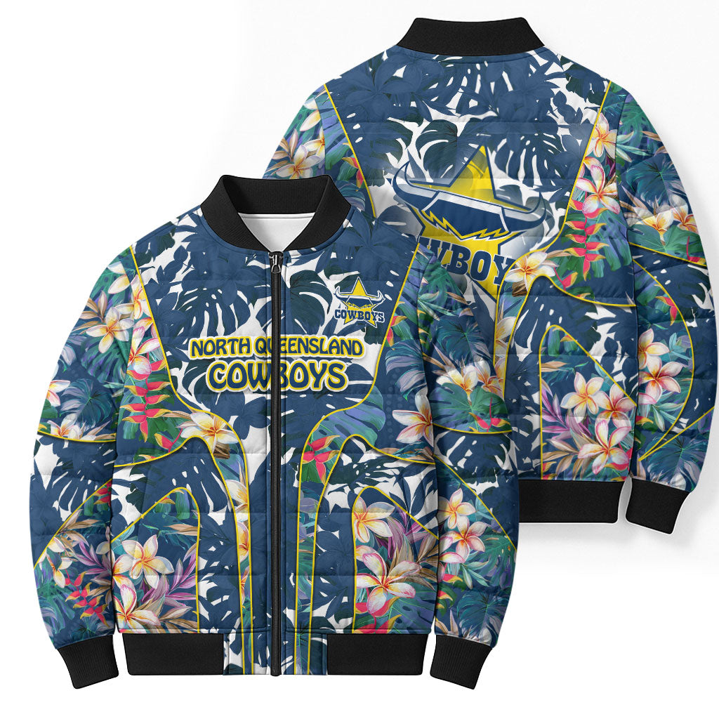 North Queensland Cowboys Bomber Puffer Jacket Tropical Hibiscus Floral Pattern With Blue And Yellow Accents