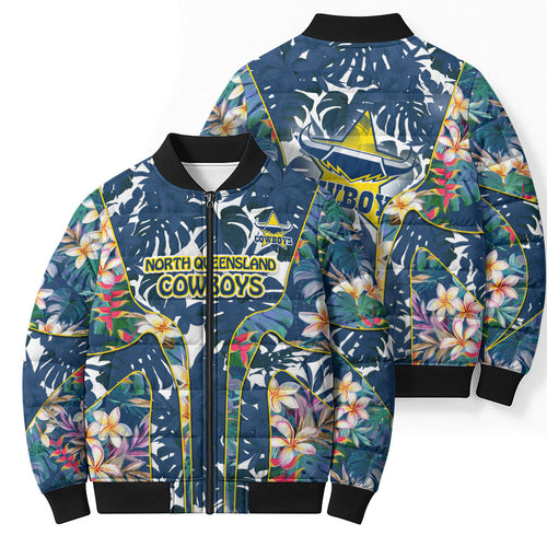 North Queensland Cowboys Bomber Puffer Jacket Tropical Hibiscus Floral Pattern With Blue And Yellow Accents