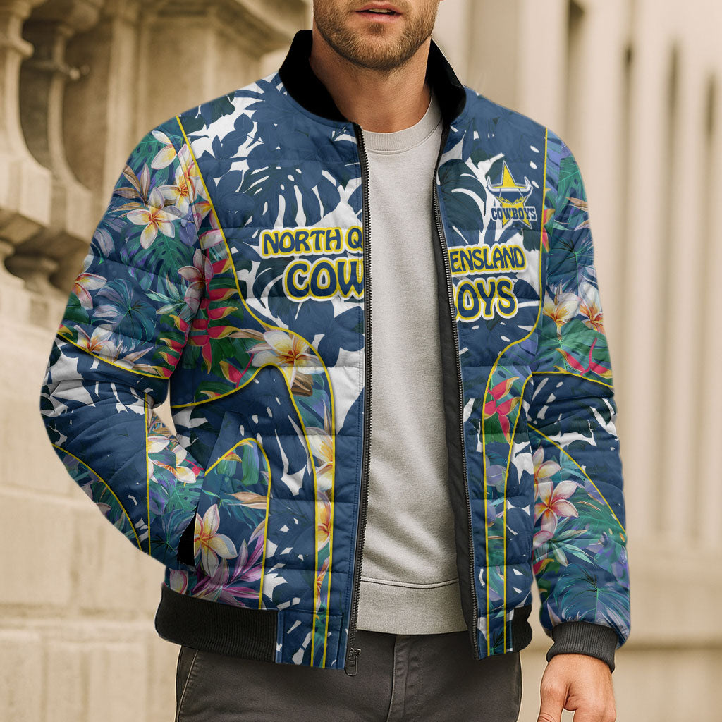 North Queensland Cowboys Bomber Puffer Jacket Tropical Hibiscus Floral Pattern With Blue And Yellow Accents