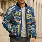 North Queensland Cowboys Bomber Puffer Jacket Tropical Hibiscus Floral Pattern With Blue And Yellow Accents