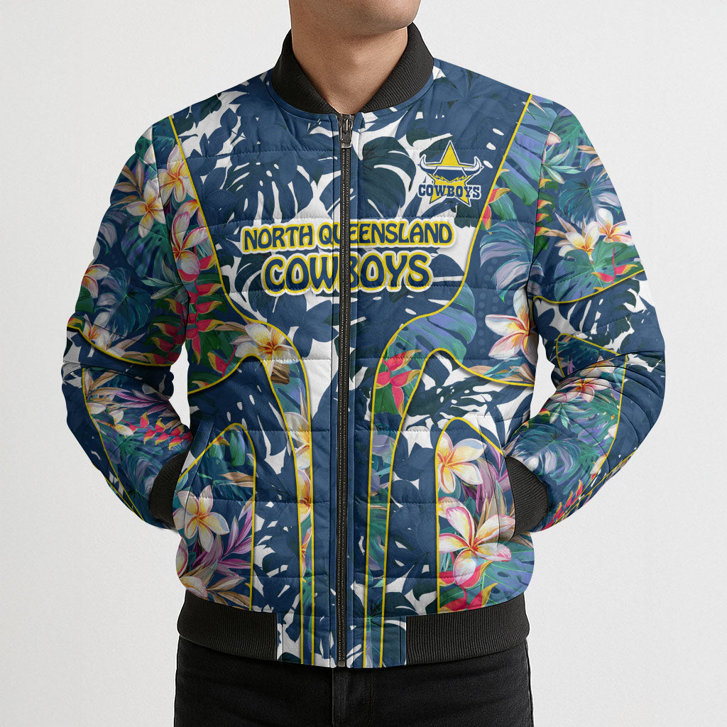 North Queensland Cowboys Bomber Puffer Jacket Tropical Hibiscus Floral Pattern With Blue And Yellow Accents