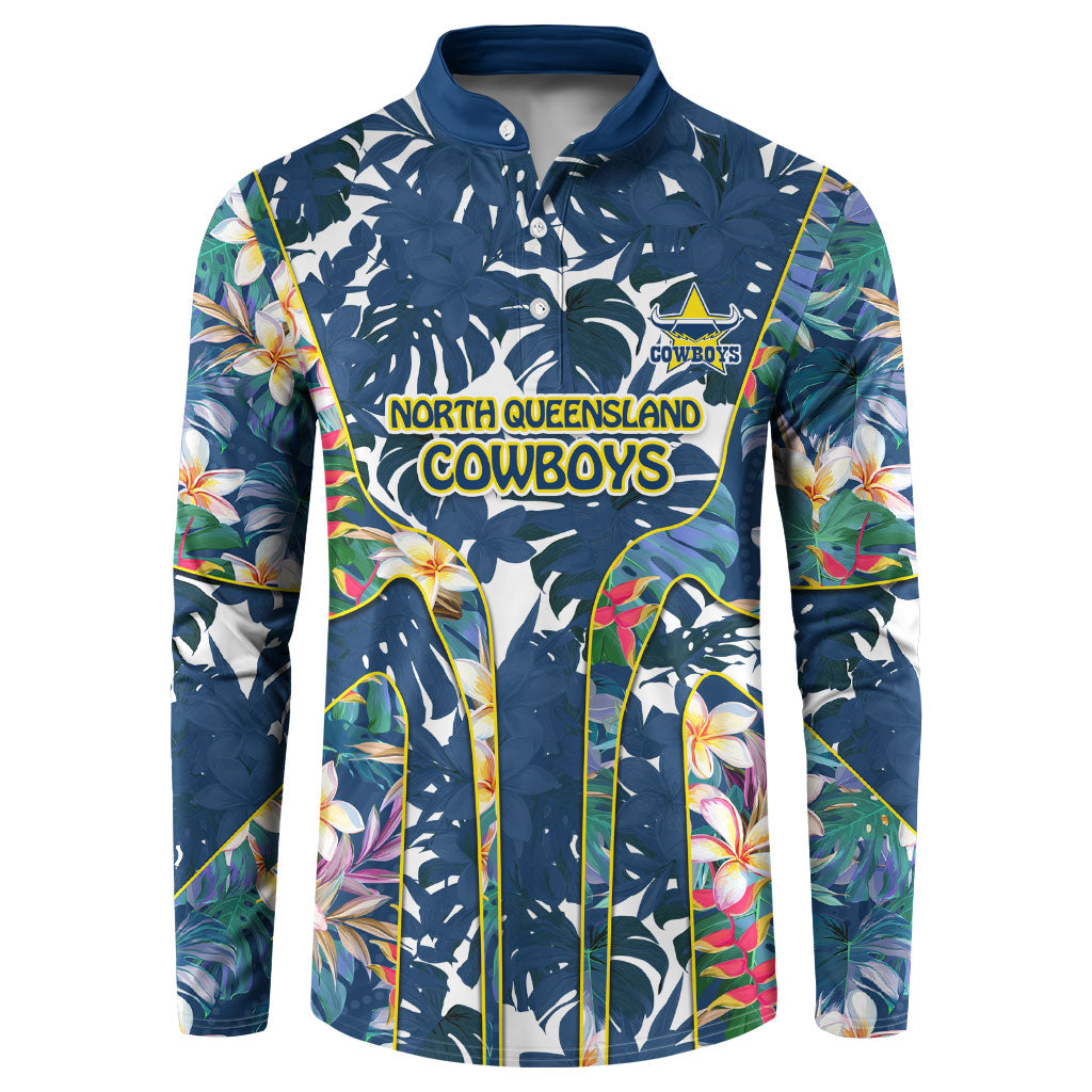 North Queensland Cowboys Button Sweatshirt Tropical Hibiscus Floral Pattern With Blue And Yellow Accents