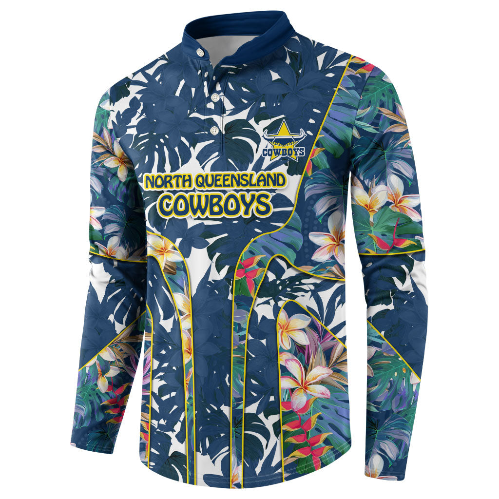 North Queensland Cowboys Button Sweatshirt Tropical Hibiscus Floral Pattern With Blue And Yellow Accents