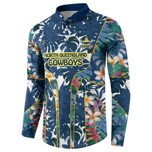 North Queensland Cowboys Button Sweatshirt Tropical Hibiscus Floral Pattern With Blue And Yellow Accents