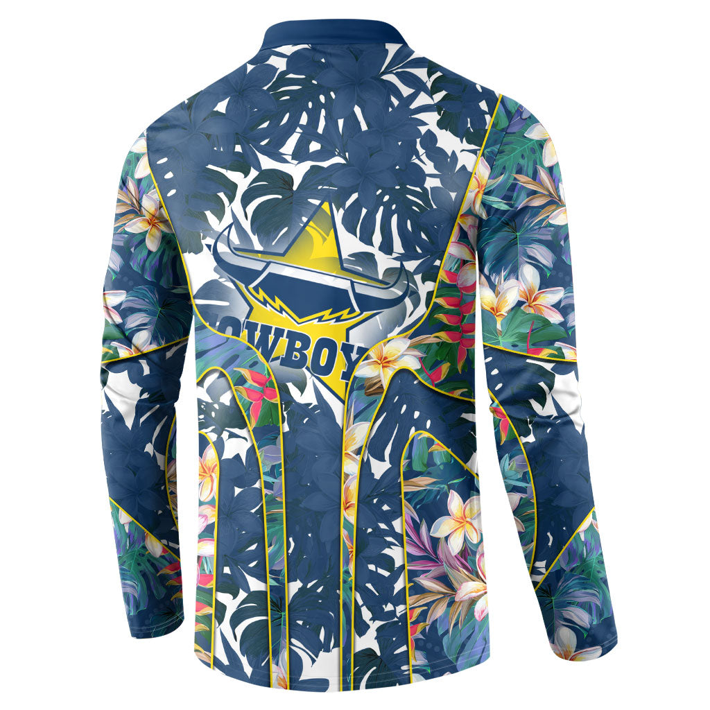 North Queensland Cowboys Button Sweatshirt Tropical Hibiscus Floral Pattern With Blue And Yellow Accents