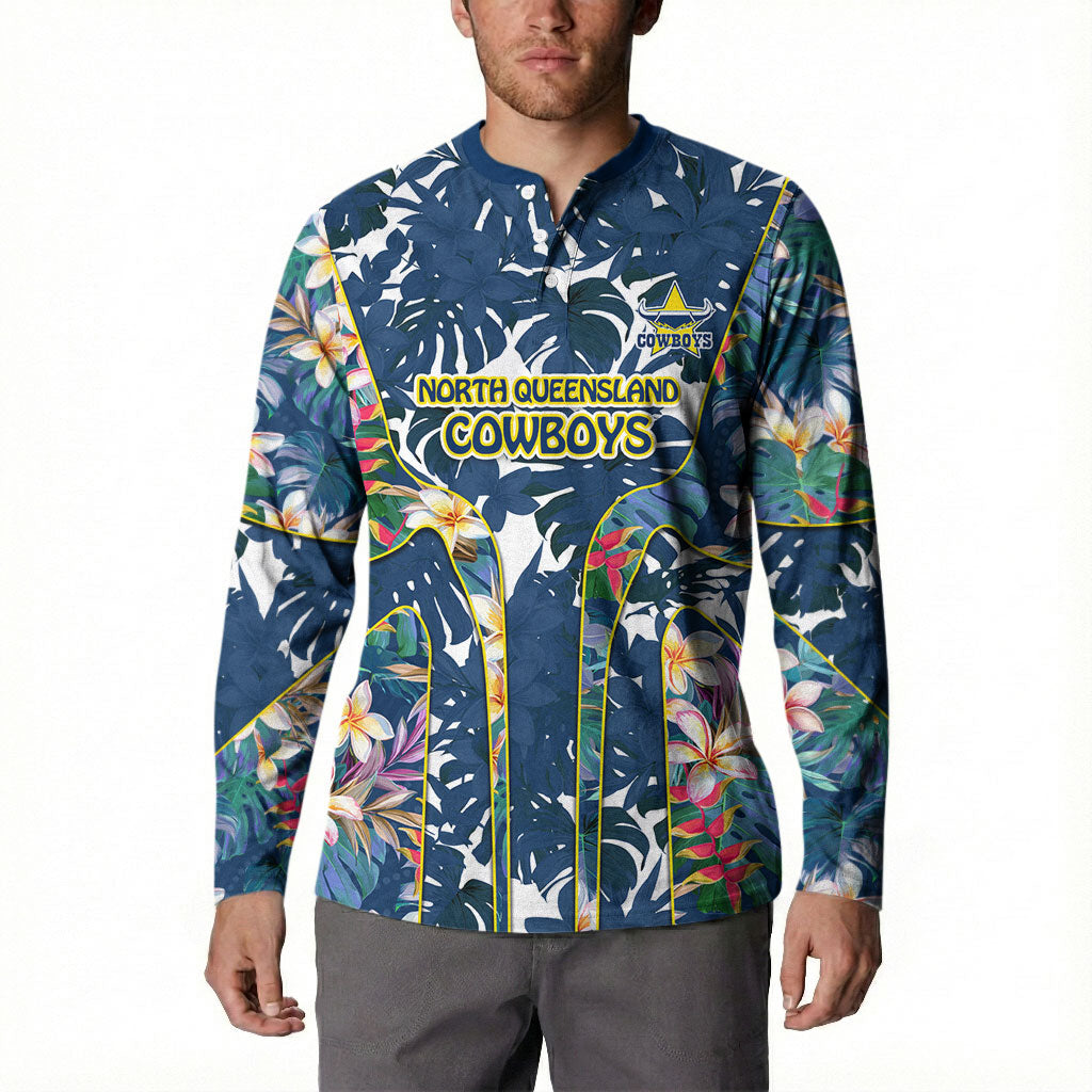 North Queensland Cowboys Button Sweatshirt Tropical Hibiscus Floral Pattern With Blue And Yellow Accents