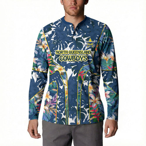 North Queensland Cowboys Button Sweatshirt Tropical Hibiscus Floral Pattern With Blue And Yellow Accents