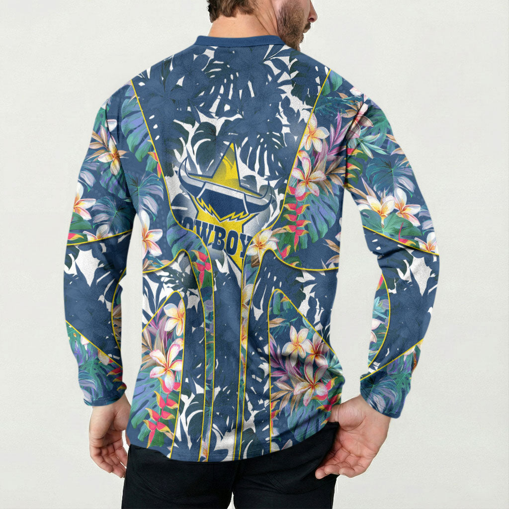 North Queensland Cowboys Button Sweatshirt Tropical Hibiscus Floral Pattern With Blue And Yellow Accents