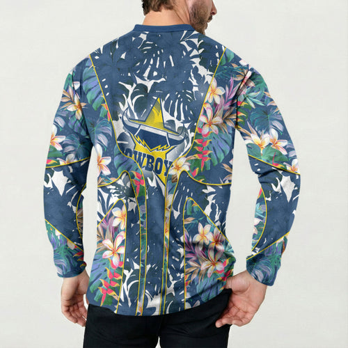 North Queensland Cowboys Button Sweatshirt Tropical Hibiscus Floral Pattern With Blue And Yellow Accents