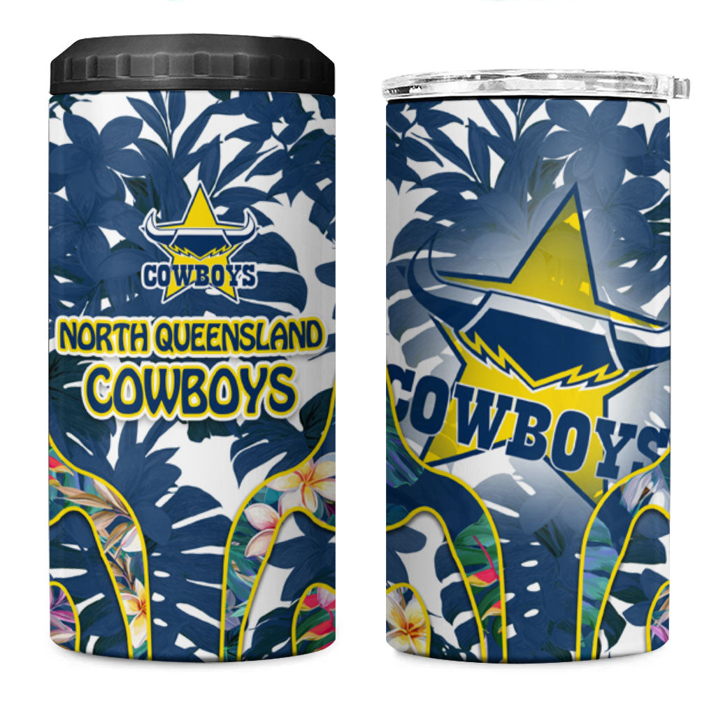 North Queensland Cowboys 4 in 1 Can Cooler Tumbler Tropical Hibiscus Floral Pattern With Blue And Yellow Accents