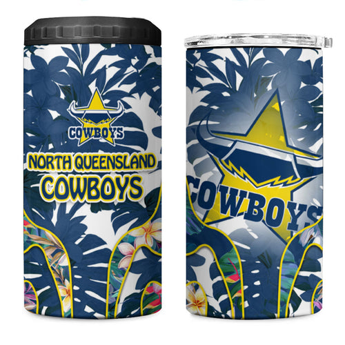 North Queensland Cowboys 4 in 1 Can Cooler Tumbler Tropical Hibiscus Floral Pattern With Blue And Yellow Accents