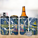 North Queensland Cowboys 4 in 1 Can Cooler Tumbler Tropical Hibiscus Floral Pattern With Blue And Yellow Accents