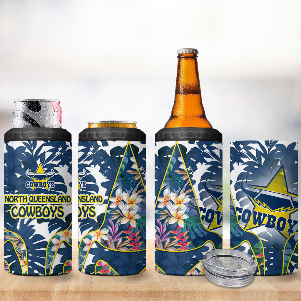 North Queensland Cowboys 4 in 1 Can Cooler Tumbler Tropical Hibiscus Floral Pattern With Blue And Yellow Accents