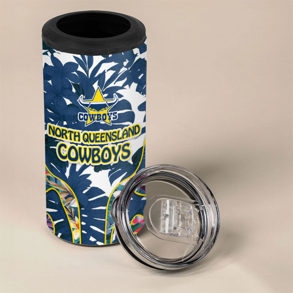 North Queensland Cowboys 4 in 1 Can Cooler Tumbler Tropical Hibiscus Floral Pattern With Blue And Yellow Accents