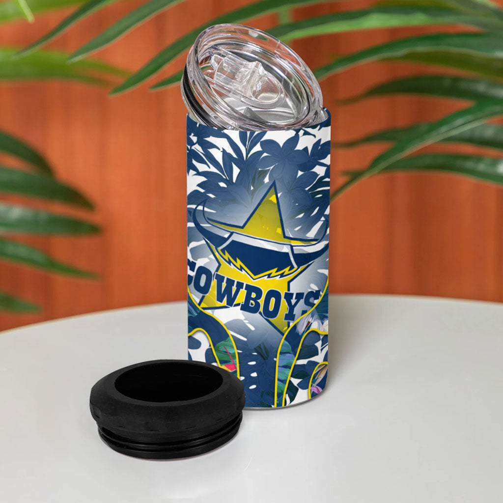 North Queensland Cowboys 4 in 1 Can Cooler Tumbler Tropical Hibiscus Floral Pattern With Blue And Yellow Accents