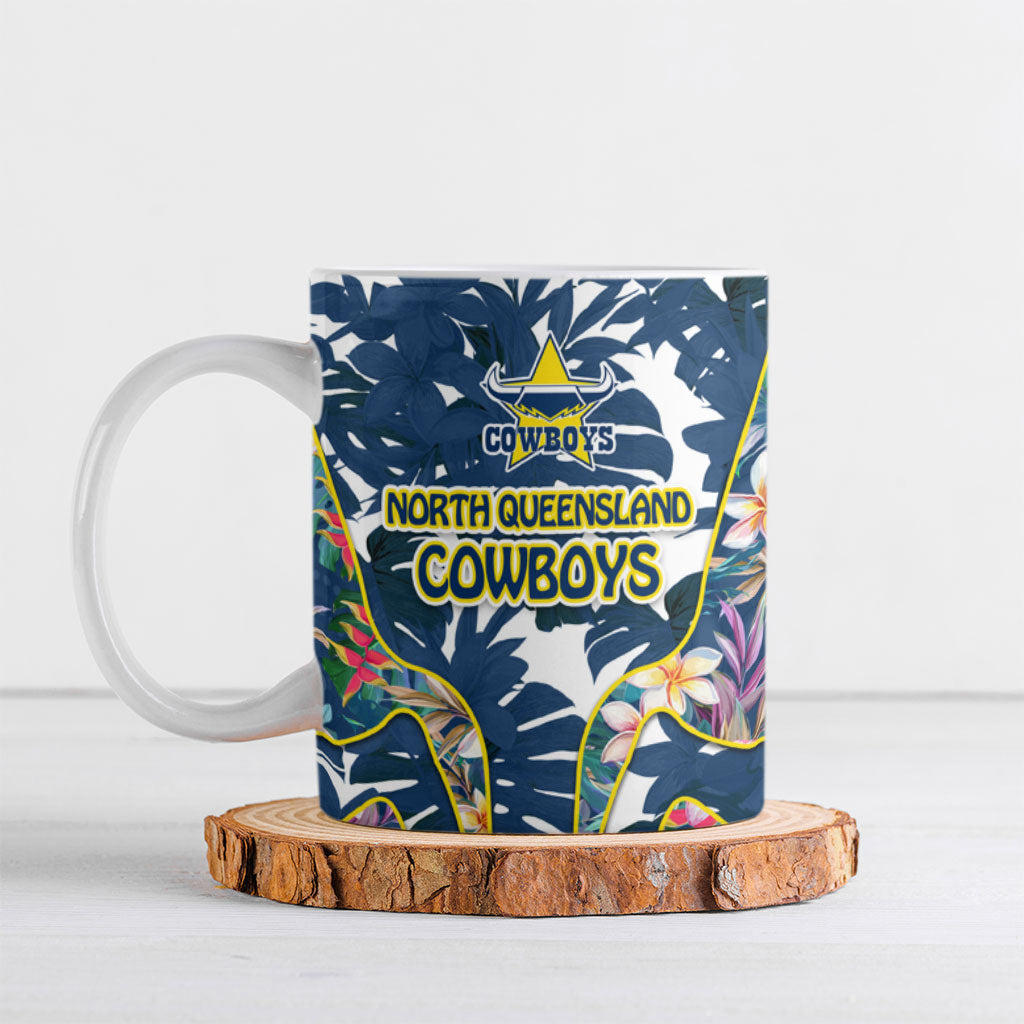 North Queensland Cowboys Ceramic Mug Tropical Hibiscus Floral Pattern With Blue And Yellow Accents