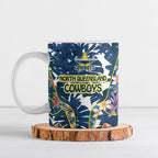 North Queensland Cowboys Ceramic Mug Tropical Hibiscus Floral Pattern With Blue And Yellow Accents