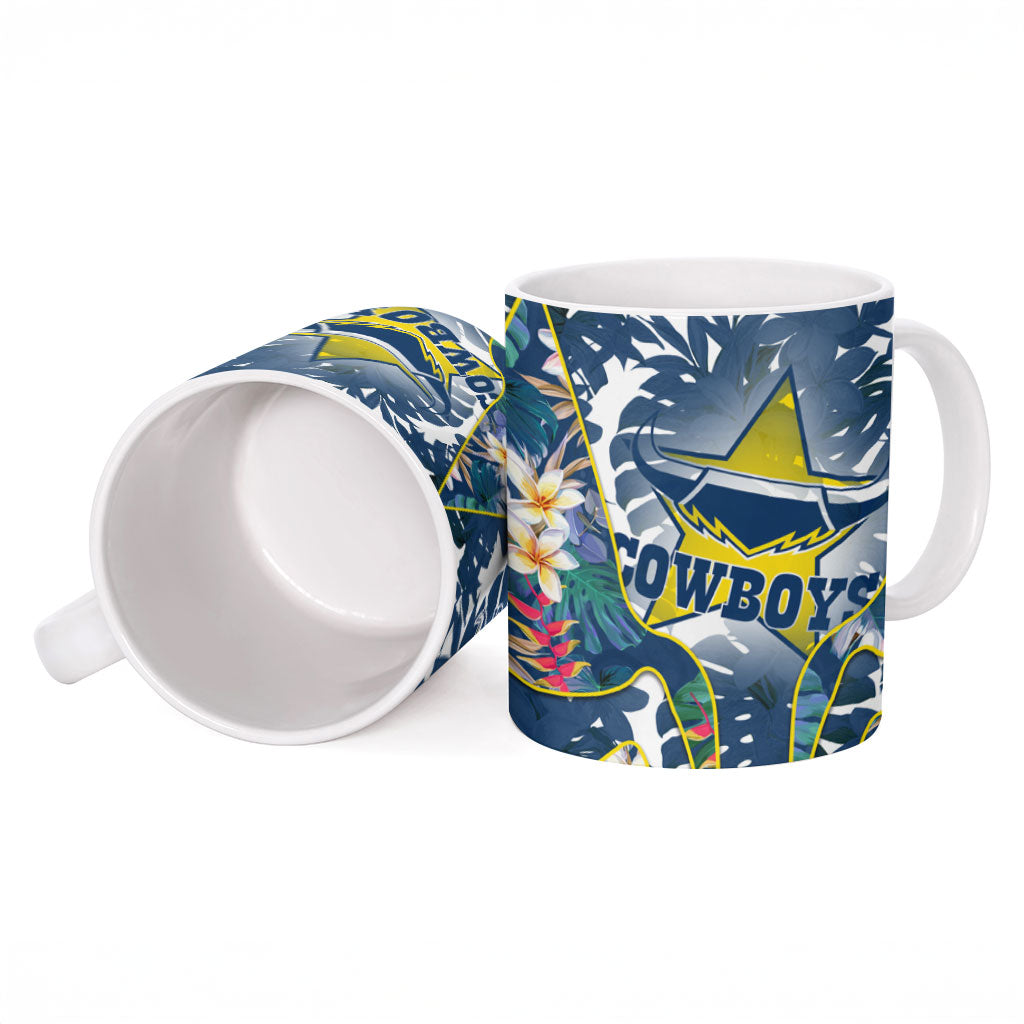 North Queensland Cowboys Ceramic Mug Tropical Hibiscus Floral Pattern With Blue And Yellow Accents
