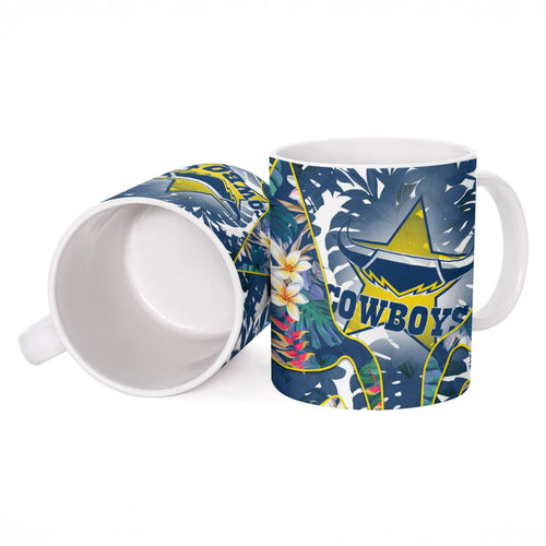 North Queensland Cowboys Ceramic Mug Tropical Hibiscus Floral Pattern With Blue And Yellow Accents