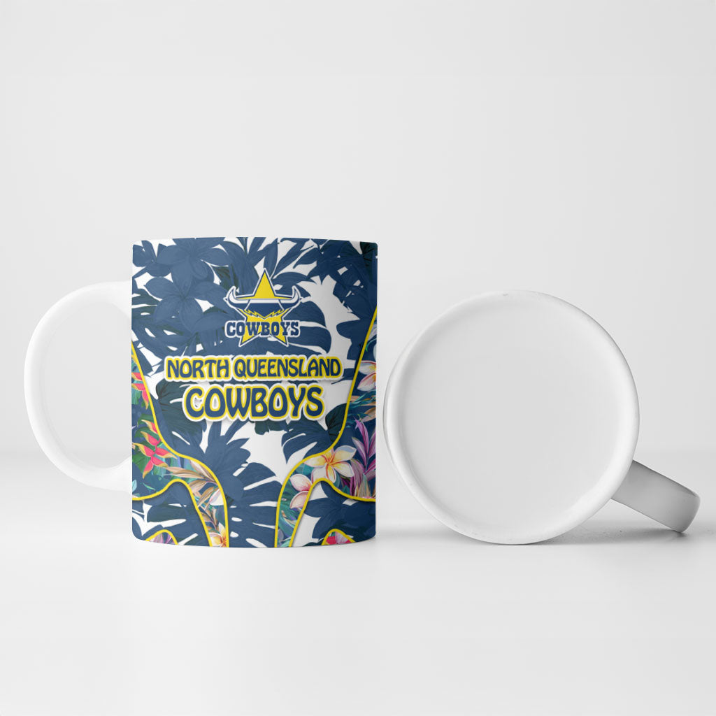 North Queensland Cowboys Ceramic Mug Tropical Hibiscus Floral Pattern With Blue And Yellow Accents