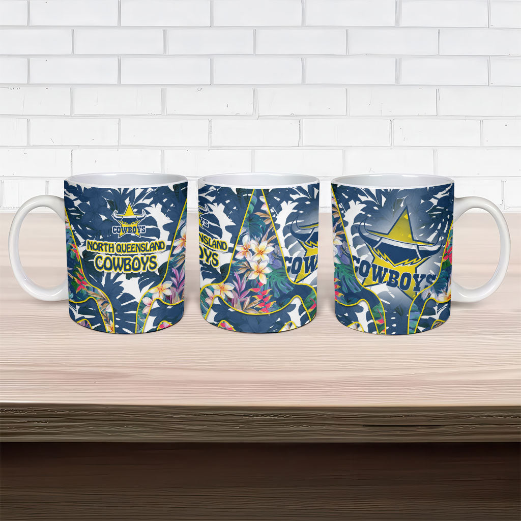 North Queensland Cowboys Ceramic Mug Tropical Hibiscus Floral Pattern With Blue And Yellow Accents