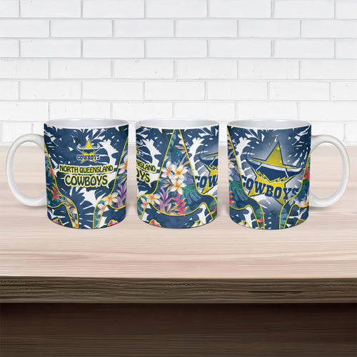North Queensland Cowboys Ceramic Mug Tropical Hibiscus Floral Pattern With Blue And Yellow Accents