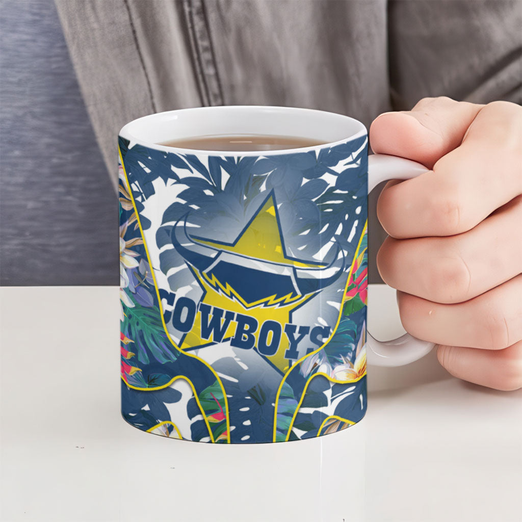 North Queensland Cowboys Ceramic Mug Tropical Hibiscus Floral Pattern With Blue And Yellow Accents