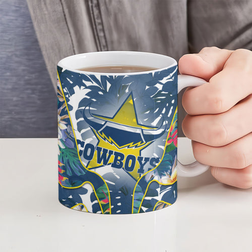 North Queensland Cowboys Ceramic Mug Tropical Hibiscus Floral Pattern With Blue And Yellow Accents