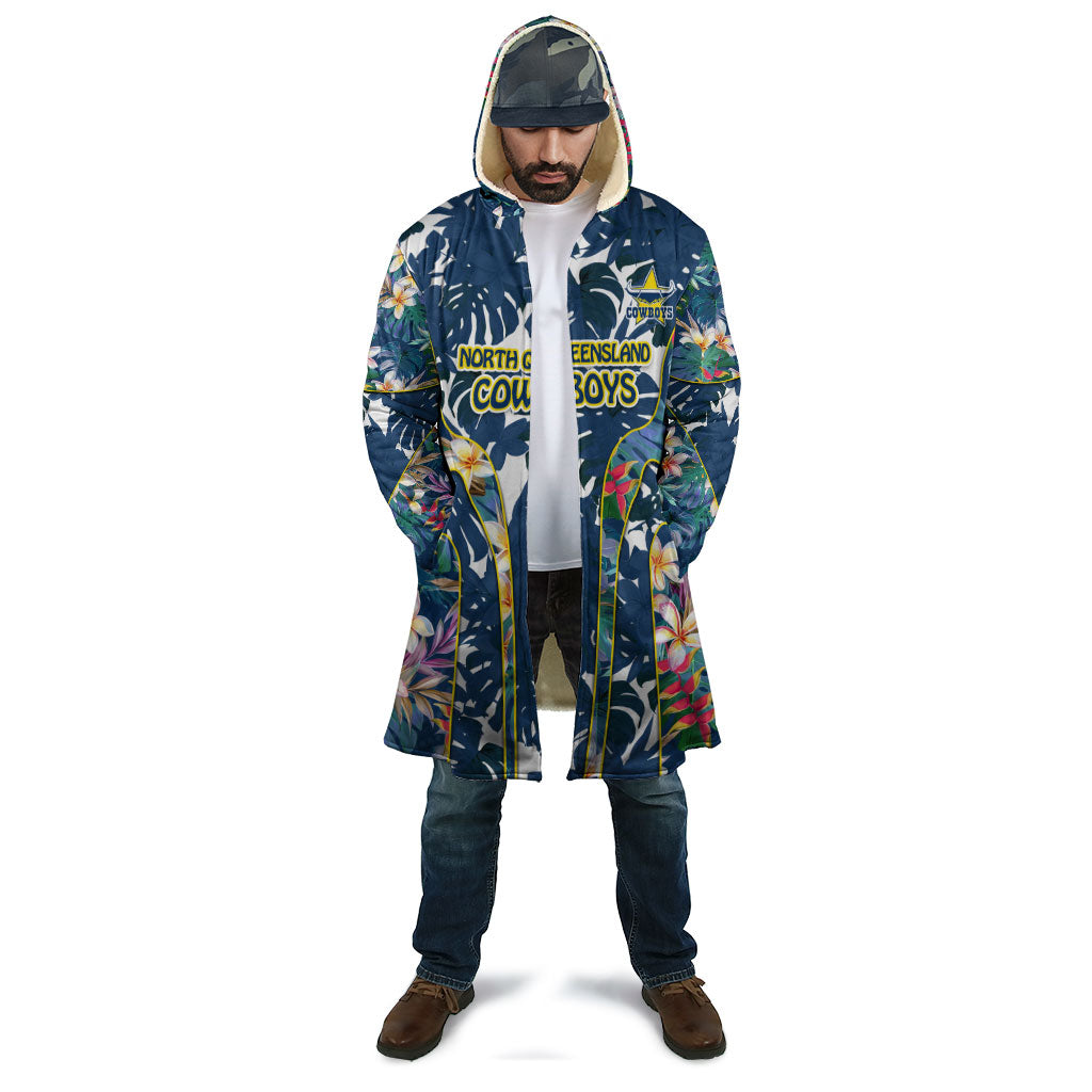 North Queensland Cowboys Cloak Tropical Hibiscus Floral Pattern With Blue And Yellow Accents