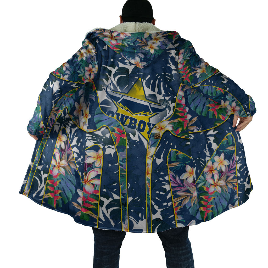 North Queensland Cowboys Cloak Tropical Hibiscus Floral Pattern With Blue And Yellow Accents