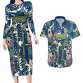North Queensland Cowboys Couples Matching Long Sleeve Bodycon Dress and Hawaiian Shirt Tropical Hibiscus Floral Pattern With Blue And Yellow Accents