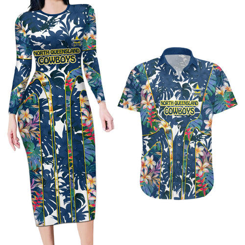 North Queensland Cowboys Couples Matching Long Sleeve Bodycon Dress and Hawaiian Shirt Tropical Hibiscus Floral Pattern With Blue And Yellow Accents
