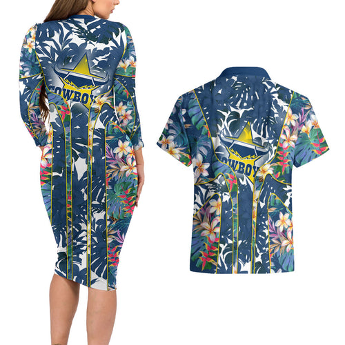 North Queensland Cowboys Couples Matching Long Sleeve Bodycon Dress and Hawaiian Shirt Tropical Hibiscus Floral Pattern With Blue And Yellow Accents