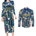 North Queensland Cowboys Couples Matching Long Sleeve Bodycon Dress and Long Sleeve Button Shirt Tropical Hibiscus Floral Pattern With Blue And Yellow Accents
