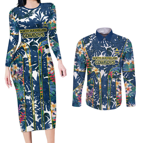North Queensland Cowboys Couples Matching Long Sleeve Bodycon Dress and Long Sleeve Button Shirt Tropical Hibiscus Floral Pattern With Blue And Yellow Accents