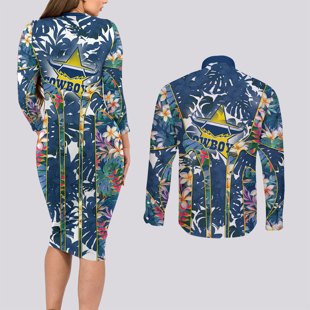 North Queensland Cowboys Couples Matching Long Sleeve Bodycon Dress and Long Sleeve Button Shirt Tropical Hibiscus Floral Pattern With Blue And Yellow Accents